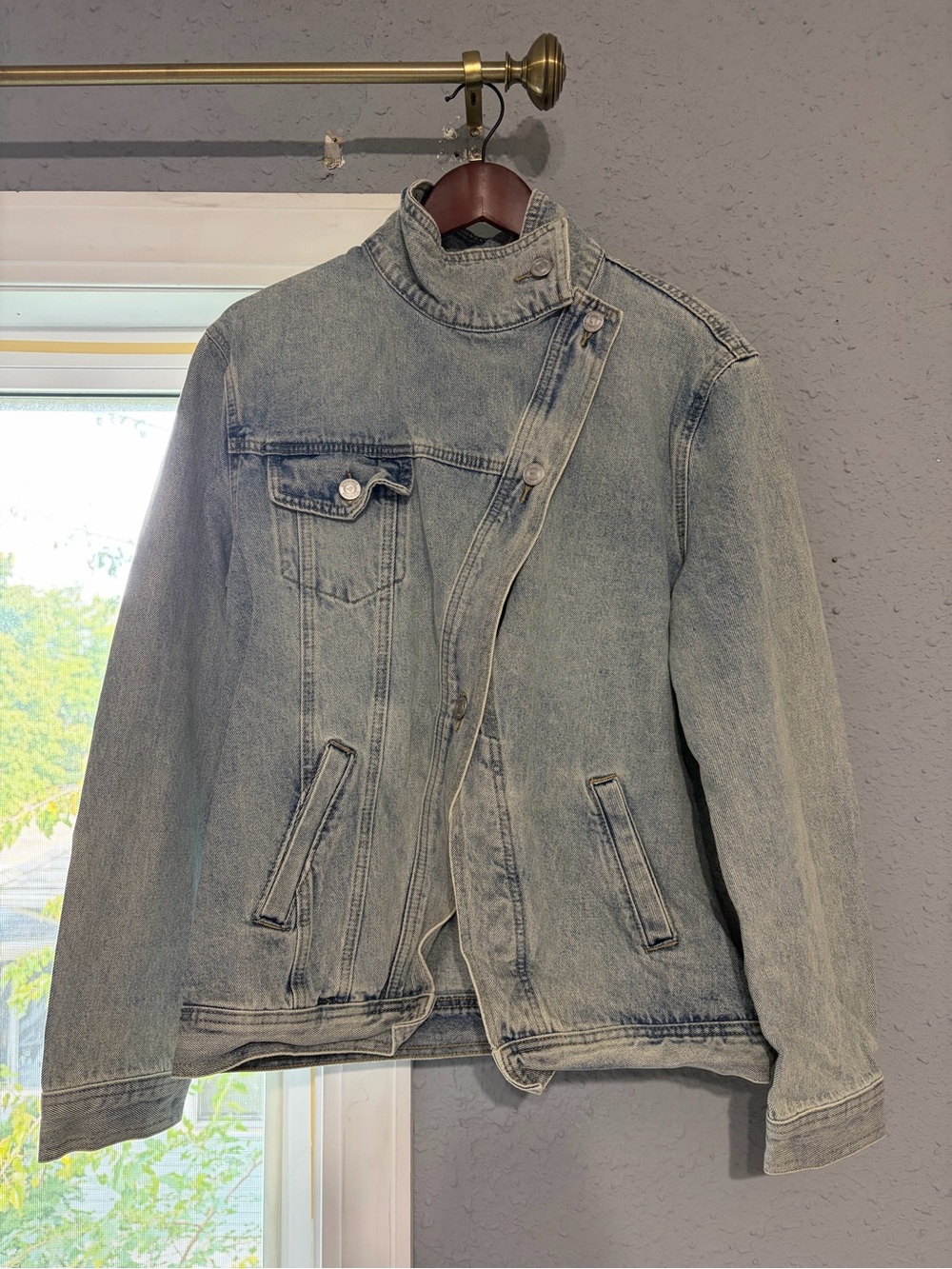 Asian Designer Light Blue Denim Shirt Jacket with Unique Collar